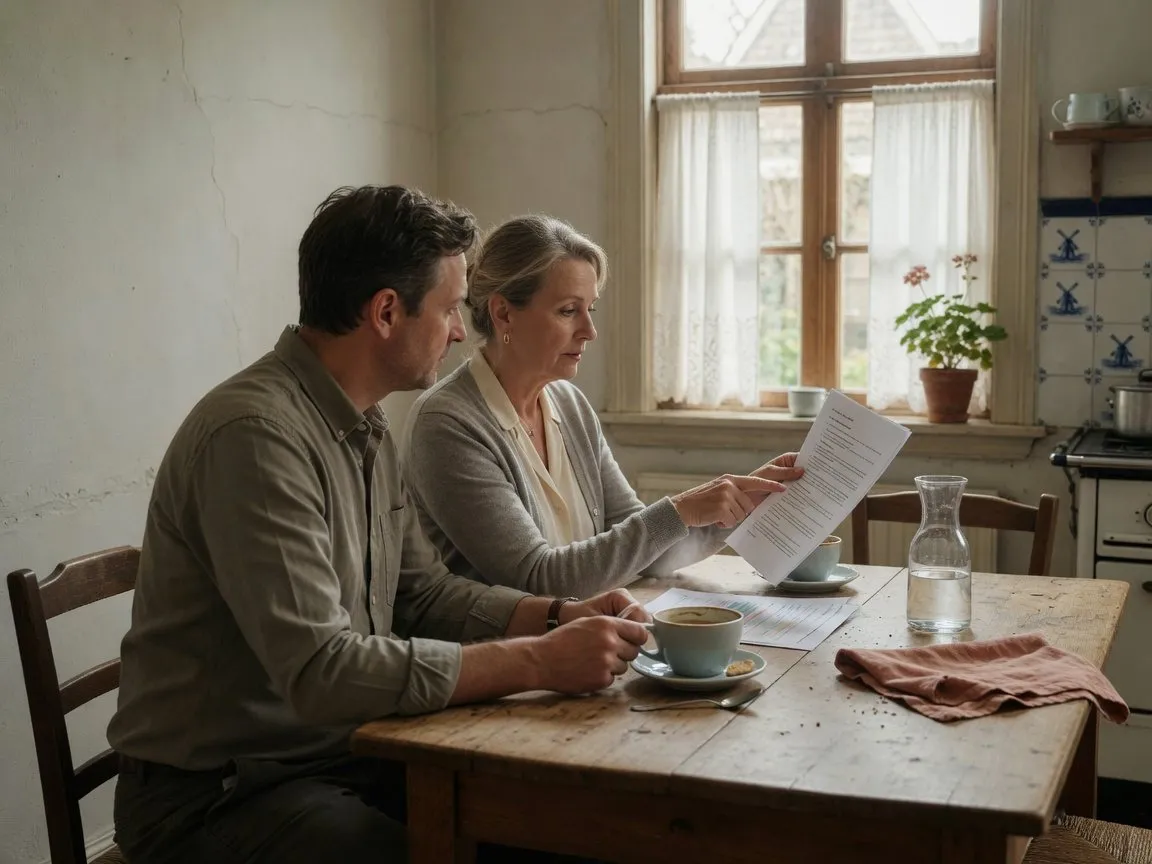 Twee mensen bespreken aan de keukentafel de papieren van hun verhuurde woning