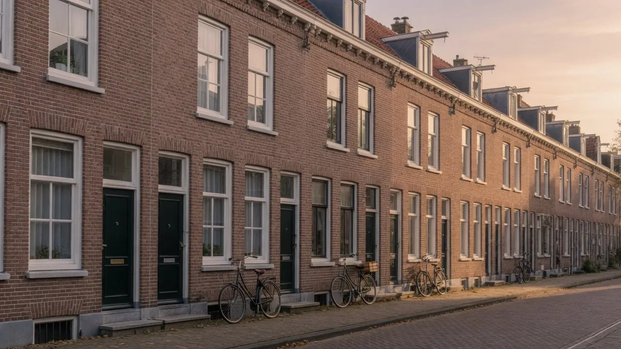 Rij klassieke bakstenen herenhuizen in een rustige Nederlandse straat
