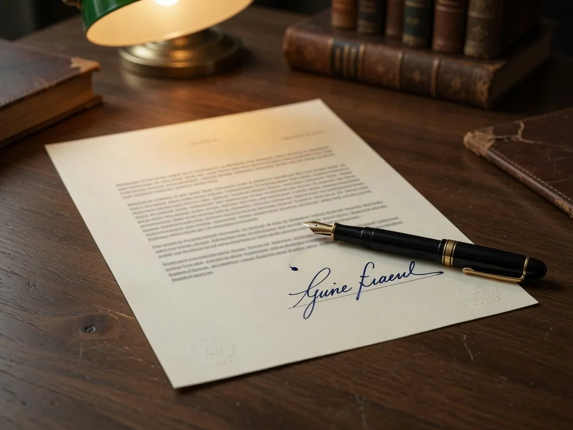 Vulpen op een ondertekend document op een donker houten bureau