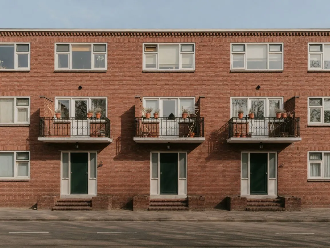 Bakstenen appartementengebouw uit de jaren dertig met een rij voordeuren en balkons
