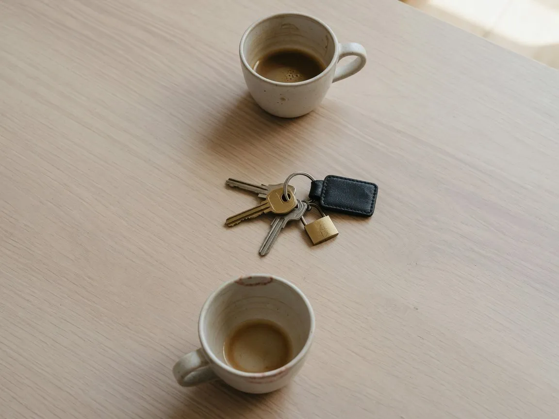 Eén bos huissleutels op tafel tussen twee koffiekopjes die ver uit elkaar staan