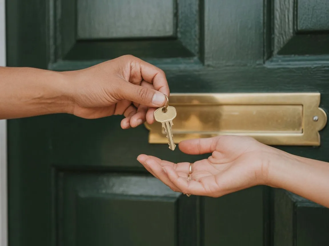 Een huissleutel wordt overhandigd voor een groene voordeur