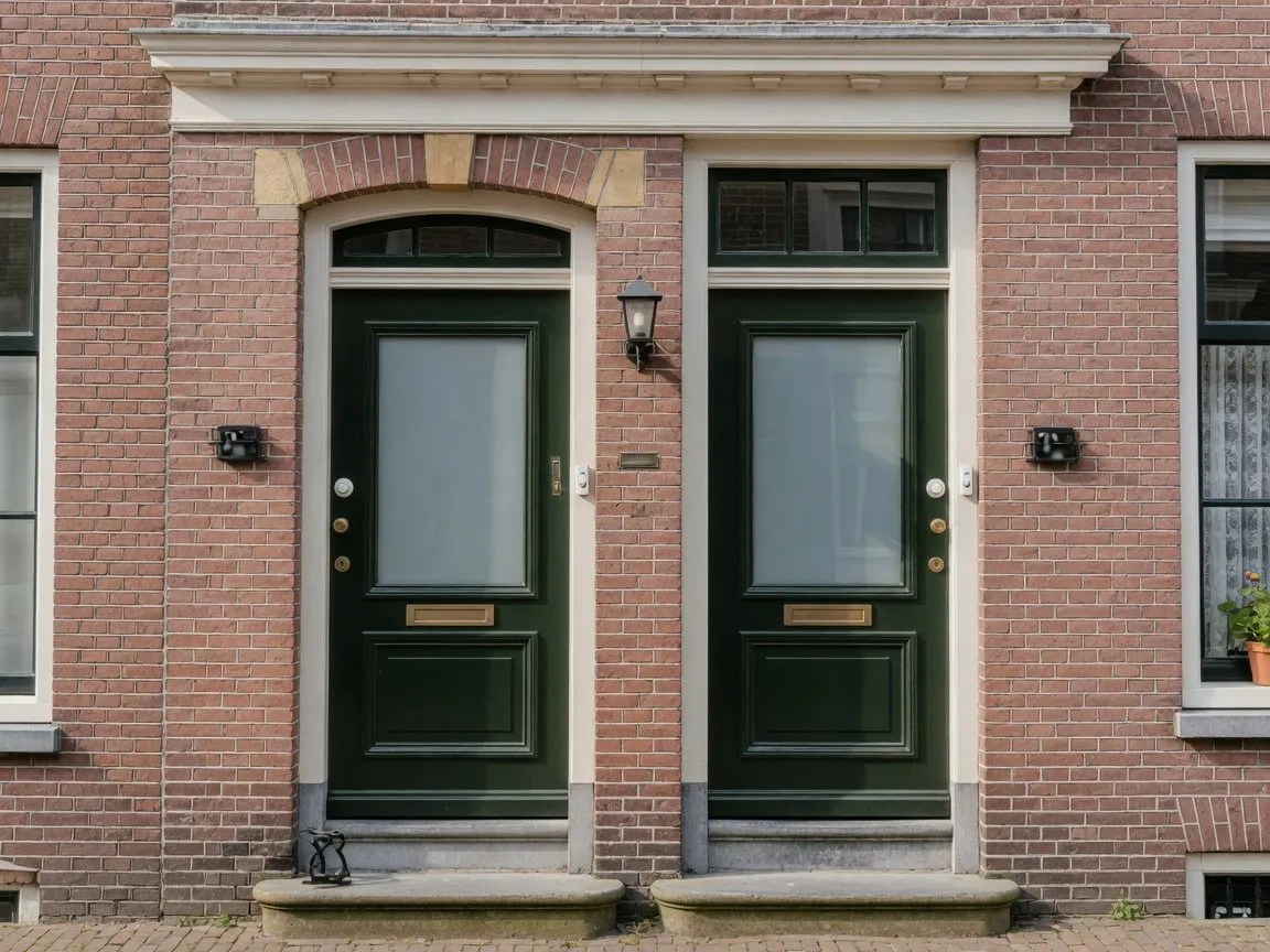 Twee voordeuren naast elkaar: een voor de benedenwoning en een voor de bovenwoning